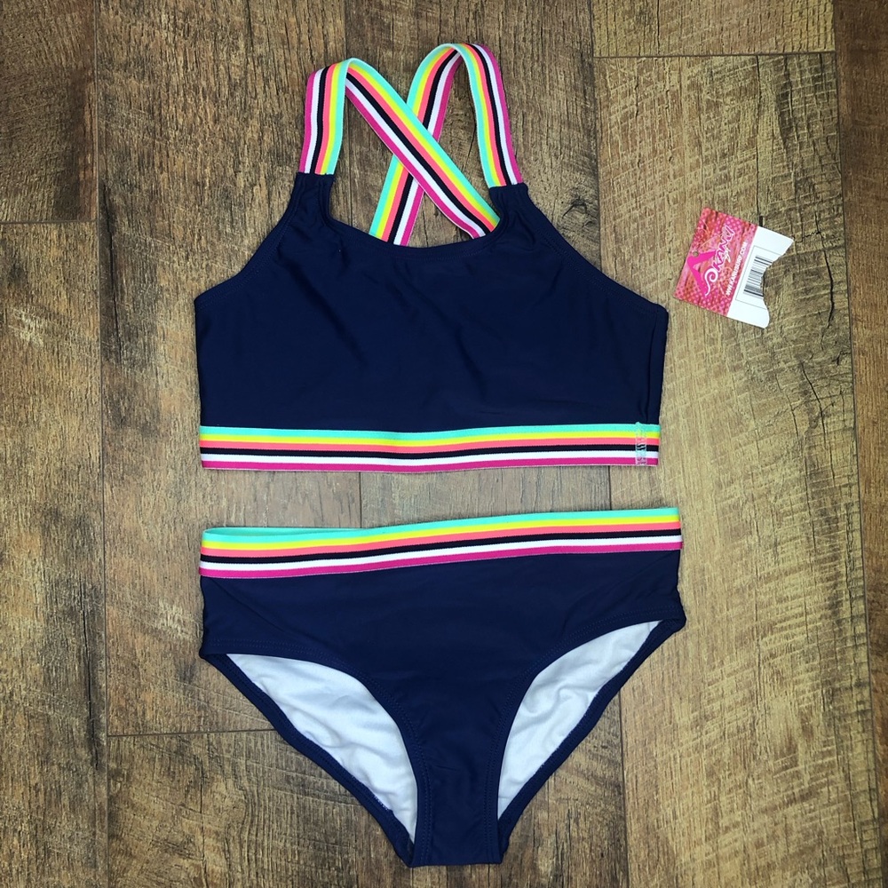 Children’s Bathing Suit Crisscross Back Elastic Waist Bikini Navy Neon Sz 12
